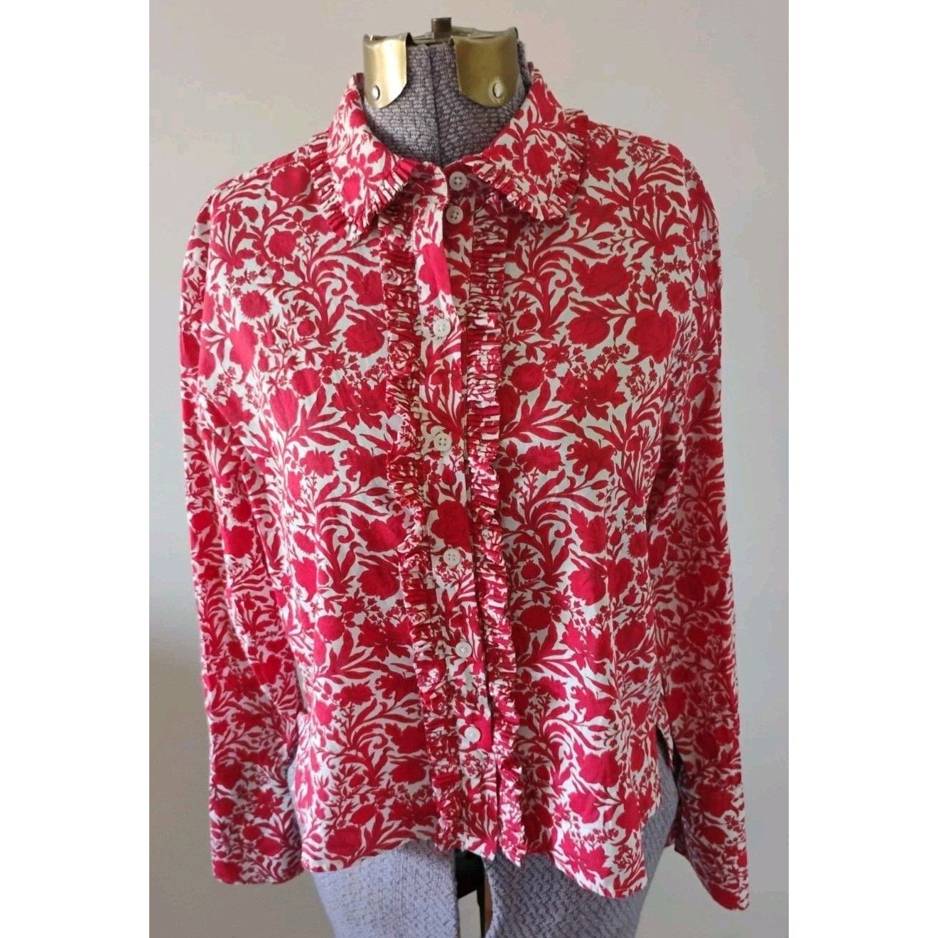 J Crew Button Up Shirt Women's Red Floral Liberty Of London Ruffled Sz 0 Euc
